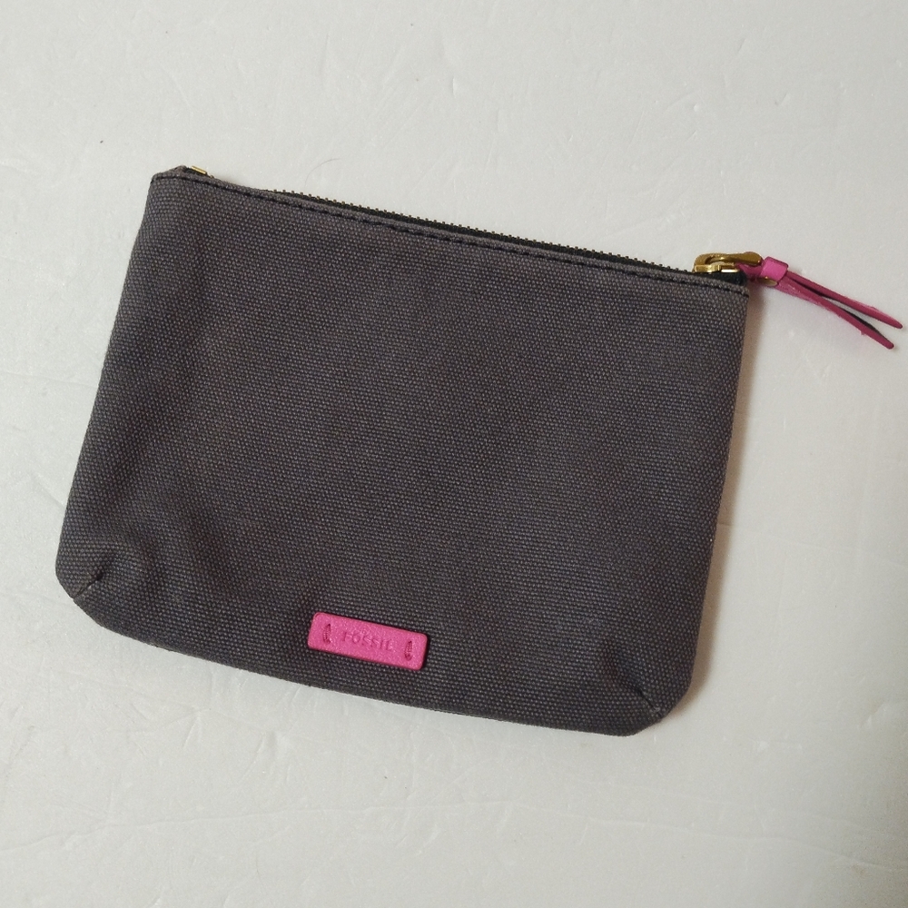 Fossil Gray/Pink Canvas Zipper Pouch Bag